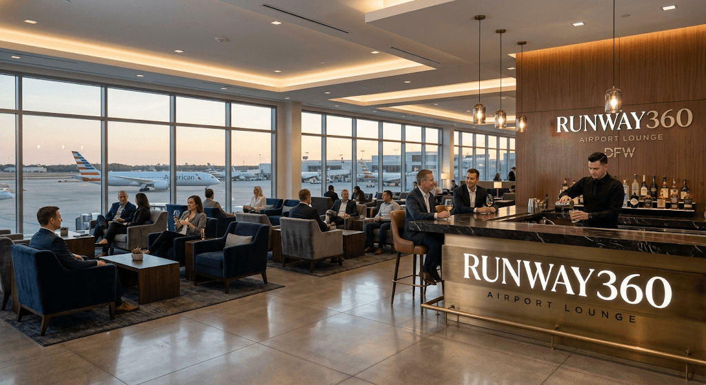 Runway360 airport lounge with runway views and a premium bar